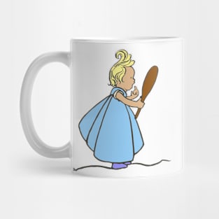 cute little girl blue dress looking in mirror Mug